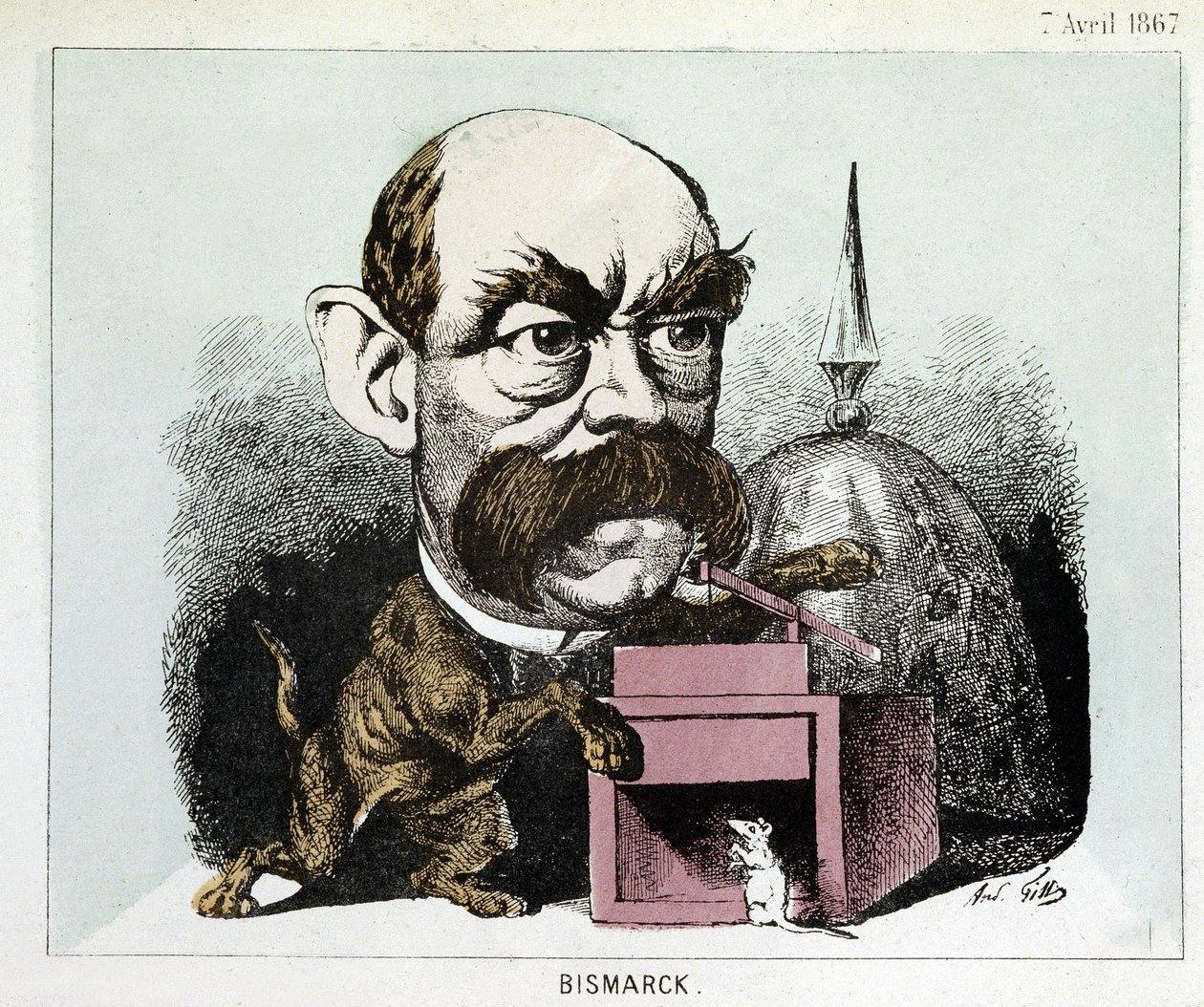 Sarjakuva kreivi Otto Eduard Leopold von Bismarckista (1815-1898), Preussin kuningaskunnan liittokansleri - sarjakuva Gill tekijältä Andre Gill