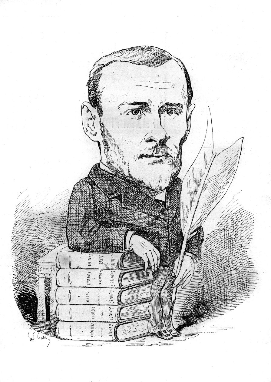 Sarjakuva Georges Ohnet (1848-1918), ranskalainen kirjailija, joka edustaa kirjojaan ja kynään. Piirustus Andre Gill. Kaiverrus "" Le Monde Illustré" -kirjassa tekijältä Andre Gill