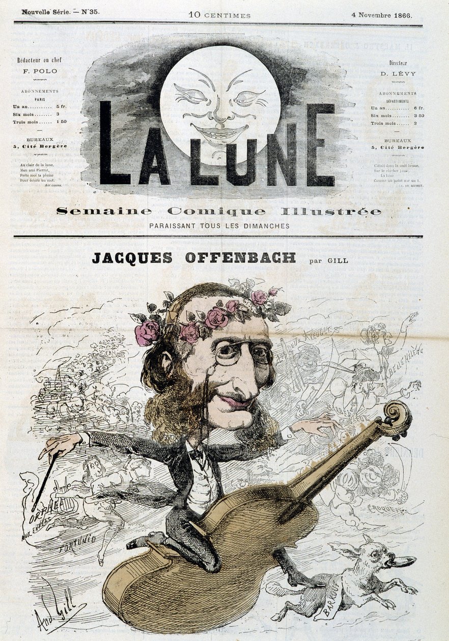 Sarjakuva: Jacques Offenbach (1819 - 1880), ratsastaa viululla - Gill elokuvassa "" La Lune"" 11.4.1866 tekijältä Andre Gill