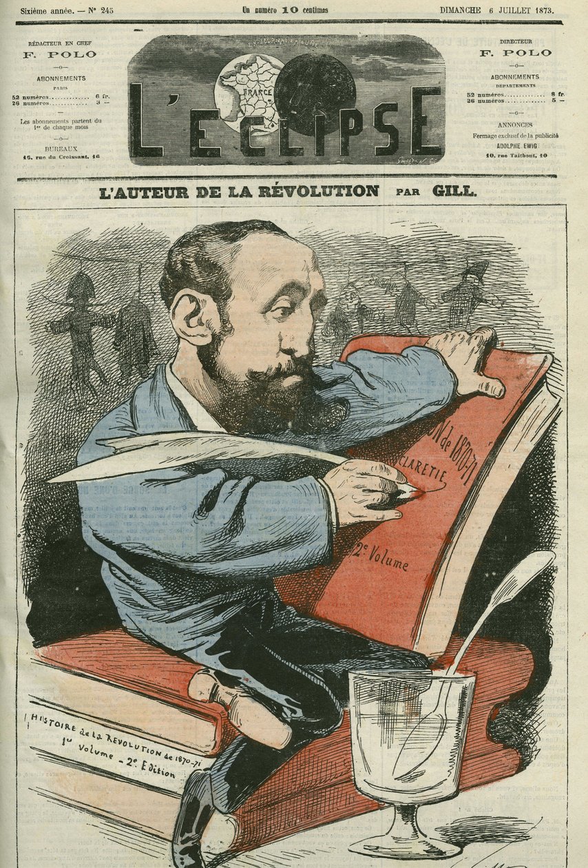 Sarjakuva Jules Claretie (1840-1913), ranskalainen kirjailija, näytelmäkirjailija ja kriitikko. Kansi "" L