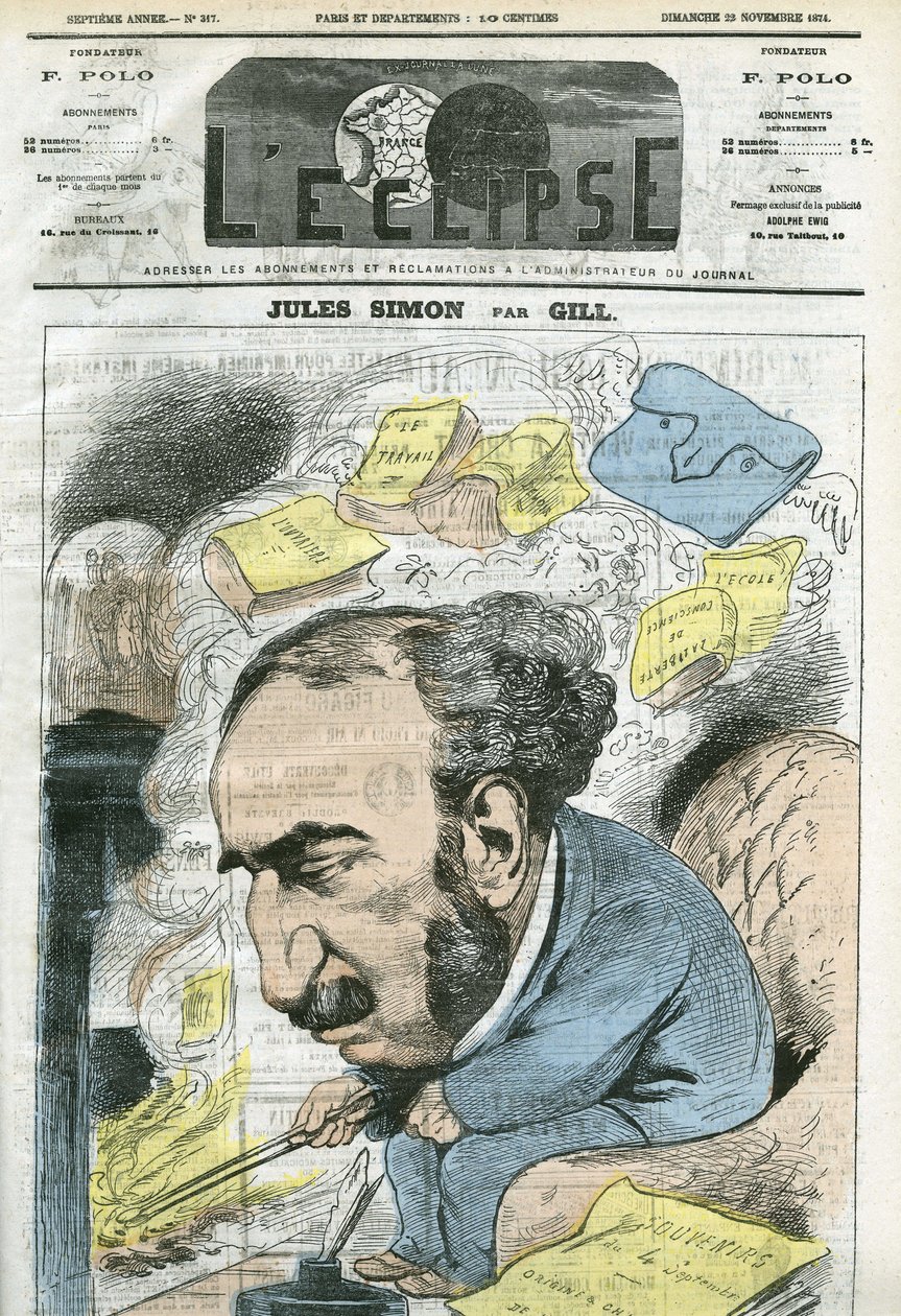 Sarjakuva Jules Simonilta (1814-1896), poliitikko, filosofian historioitsija, filosofi, ranskalainen esseisti. Kansi "" L