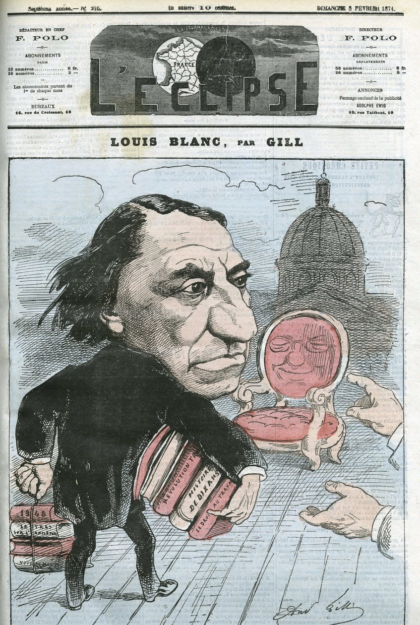 Sarjakuva Louis Blancista (1811-1882), ranskalainen poliitikko ja historioitsija. Kansi "" L