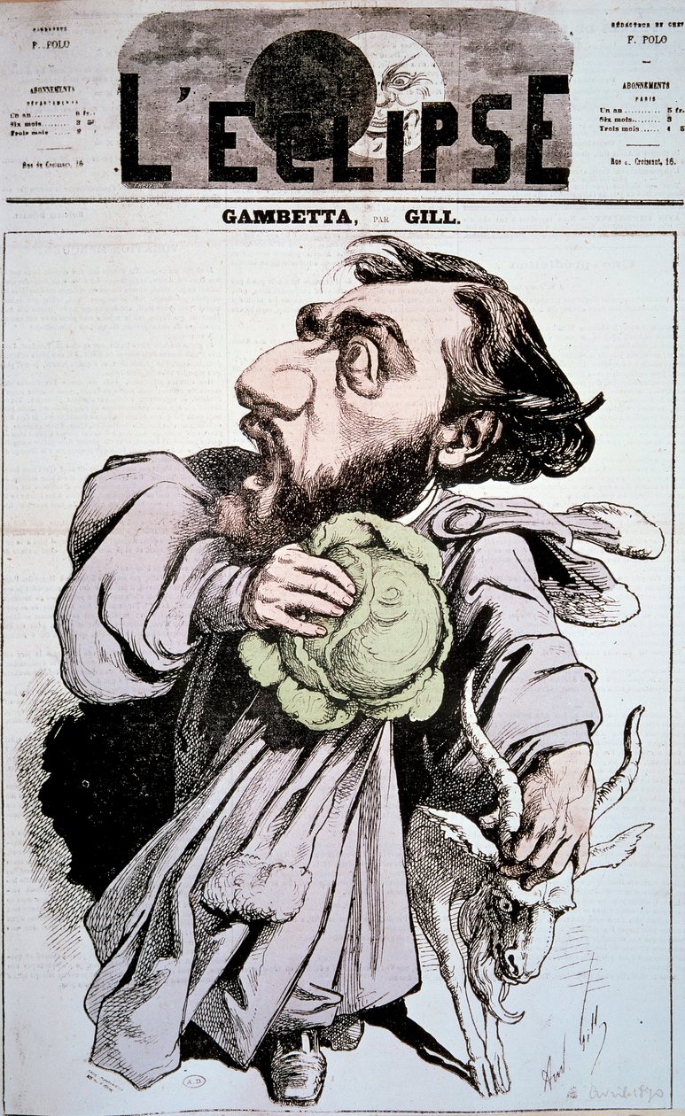 Sarjakuva Leon Gambettaa (1838-1882), ranskalaista poliitikkoa. Andre Gillin (1840-1885) piirros elokuvassa "" L
