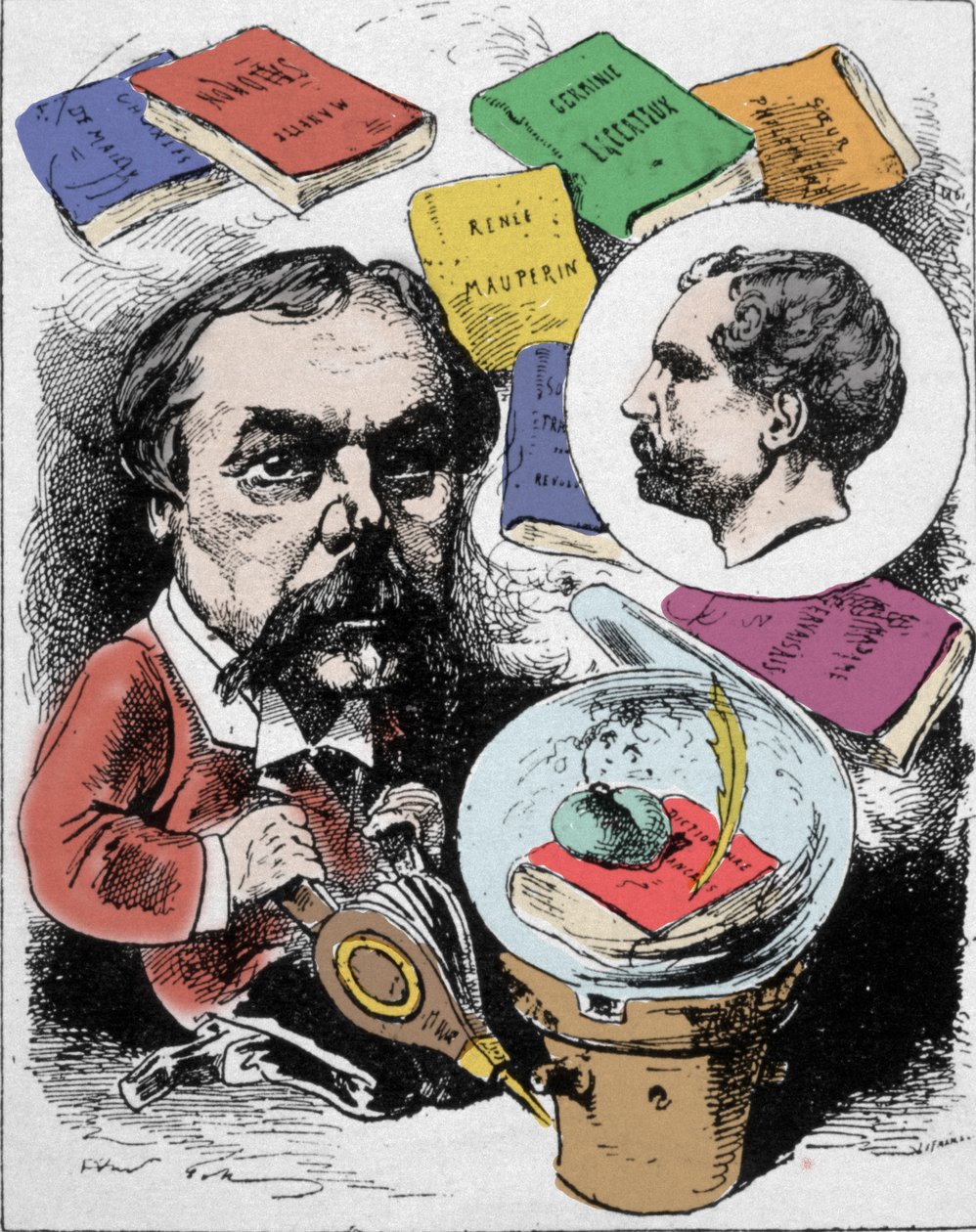 Sarjakuva, joka kuvaa ranskalaista kirjailijaa Edmond de Goncourtia (1822-1896). Gillin piirustus julkaistu "" L