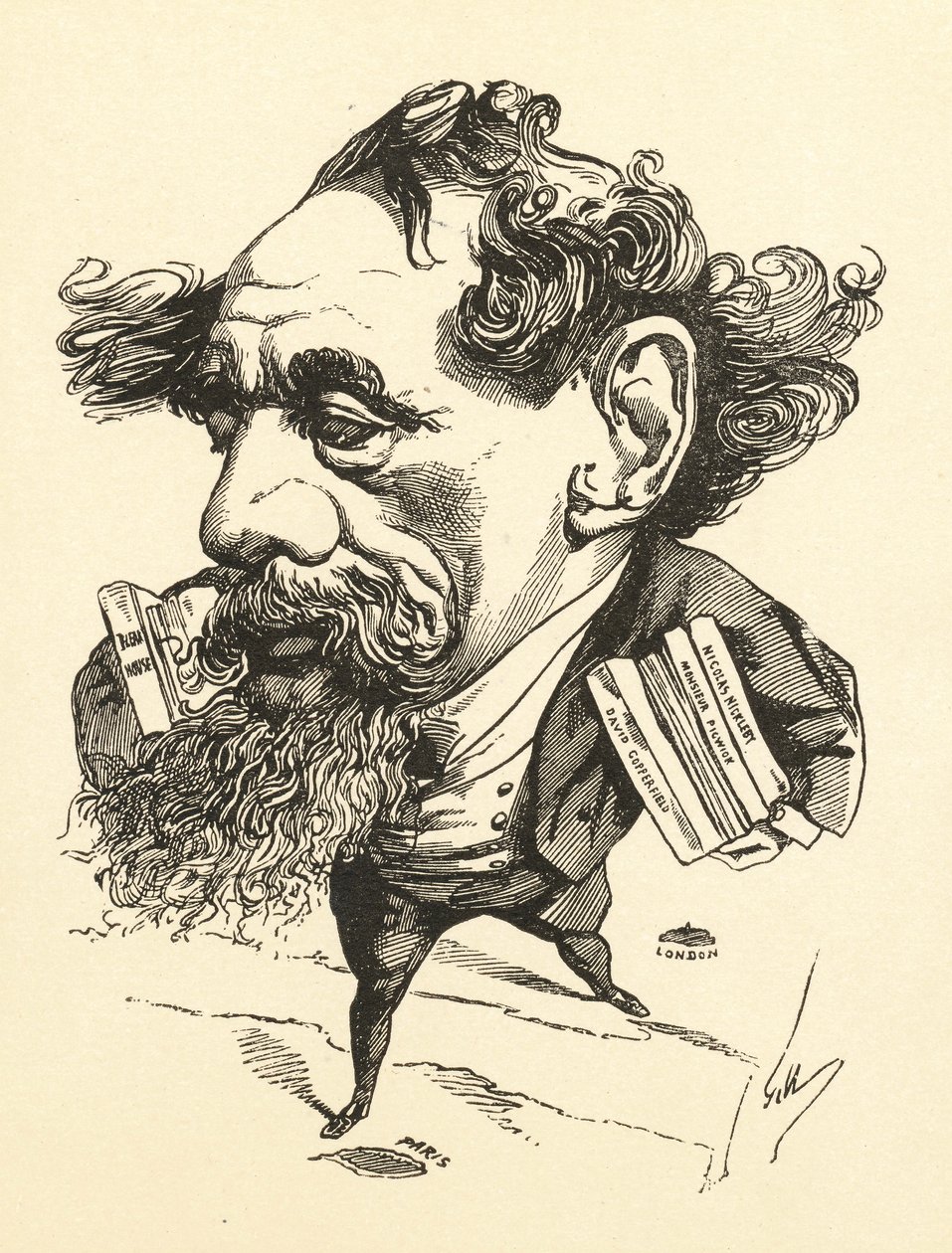 Sarjakuva Charles Dickensistä ylittämässä Englannin kanavaa, 1868 tekijältä Andre Gill