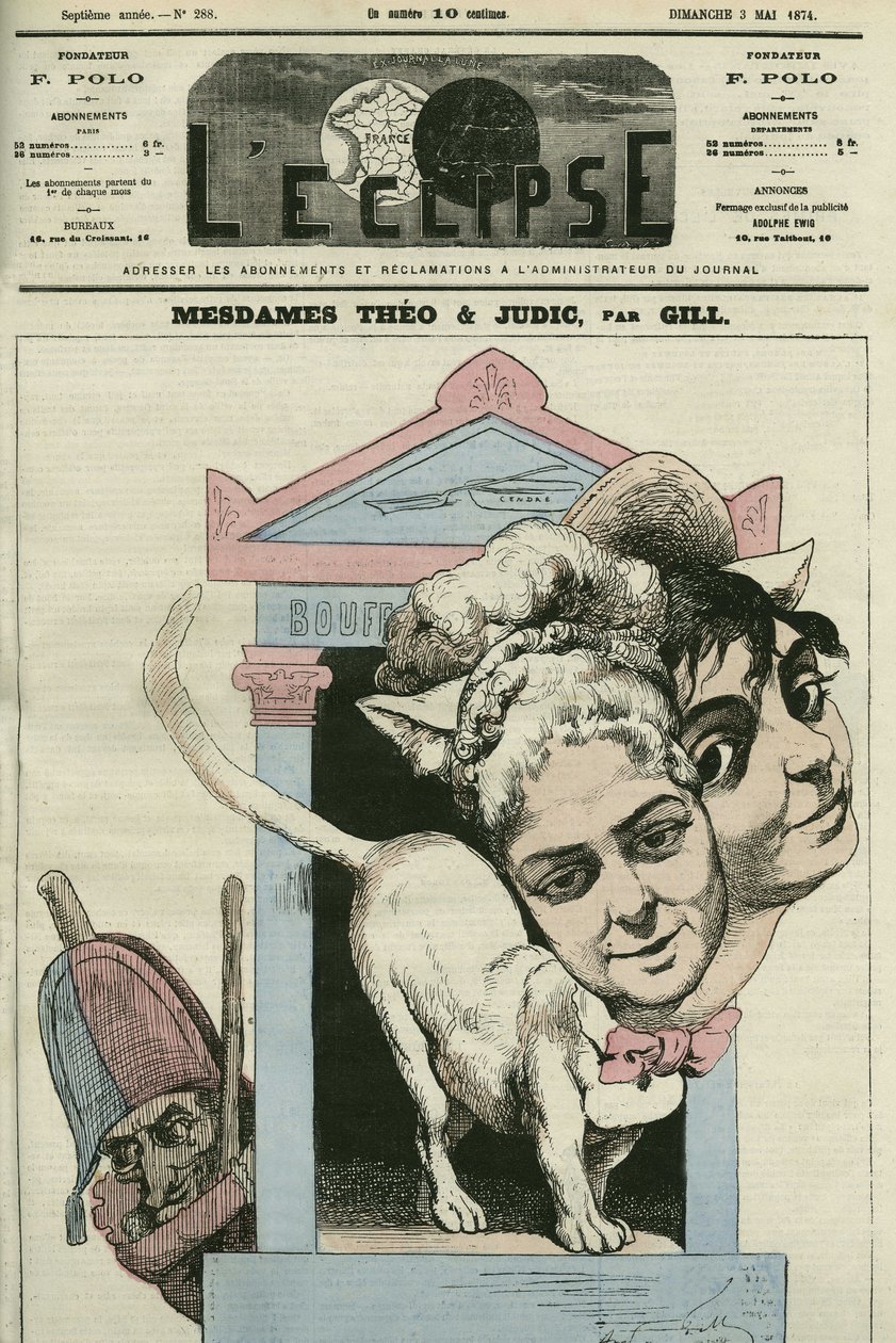 Sarjakuva naiset Louise Theosta ja Anna Judicista, laulajista säveltäjä Jacques Offenbachin (1819-1880) näytelmässä. Kansi "" L