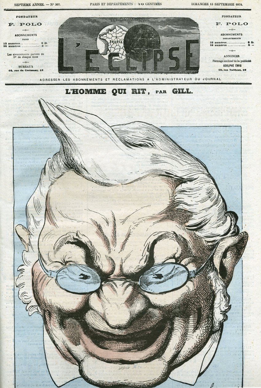Sarjakuva "miehestä, joka nauraa", Adolphe Thiers (1797-1877), ranskalainen poliitikko. Kansi "" L