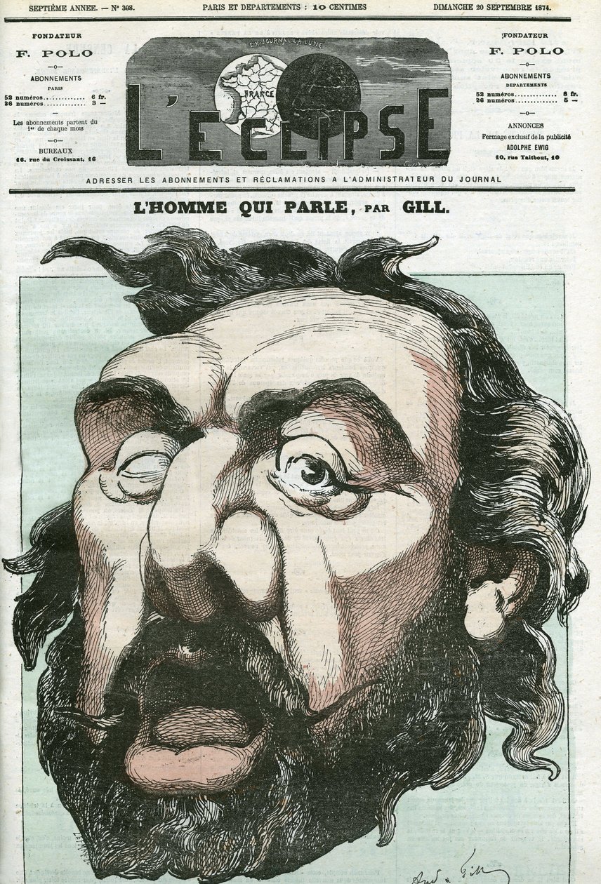 Sarjakuva "miehestä, joka puhuu", Leon Gambetta (1838-1882), ranskalainen poliitikko. Kansi "" L