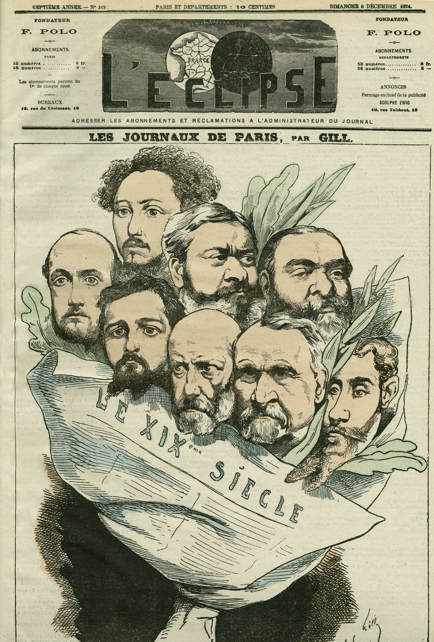 Sarjakuva "" Le XIXe siècle" -sanomalehden tiimistä, ohjaaja Edmont About (1828-?), ranskalainen kirjainmies. Kansi "" L