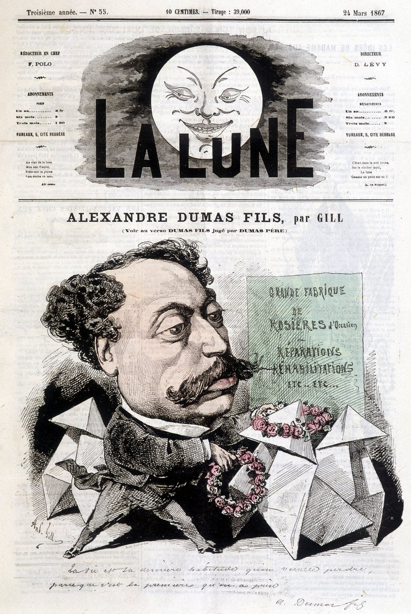 Gillin sarjakuvapiirros Alexandre Dumas Filsistä. Kansi "" La Lune"" 24.3.1867. tekijältä Andre Gill