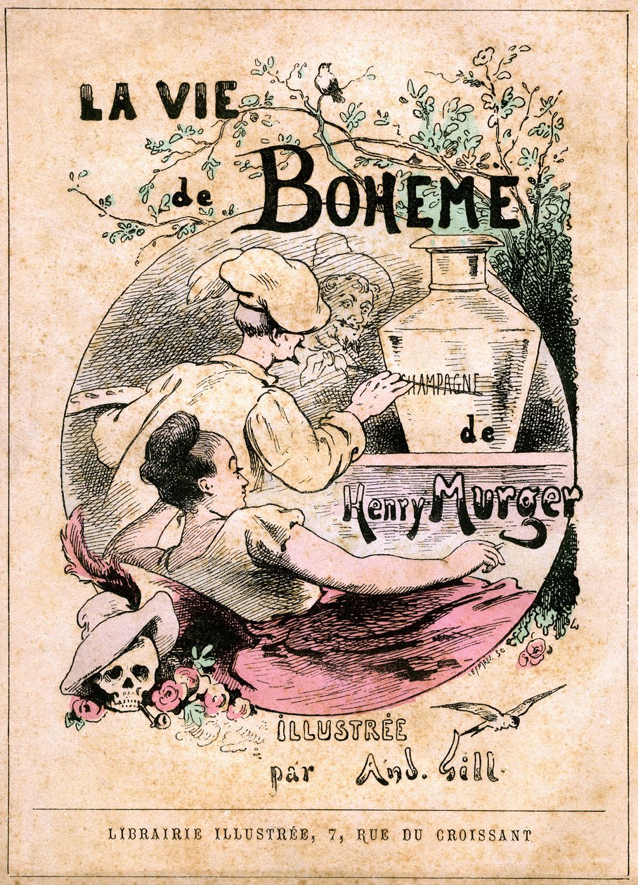 Henry Murgerin kirjan "The Life of Boheme" kansi: taidemaalari maalasi sanan "" samppanja "" maljakkoon nuoren naisen edessä tekijältä Andre Gill