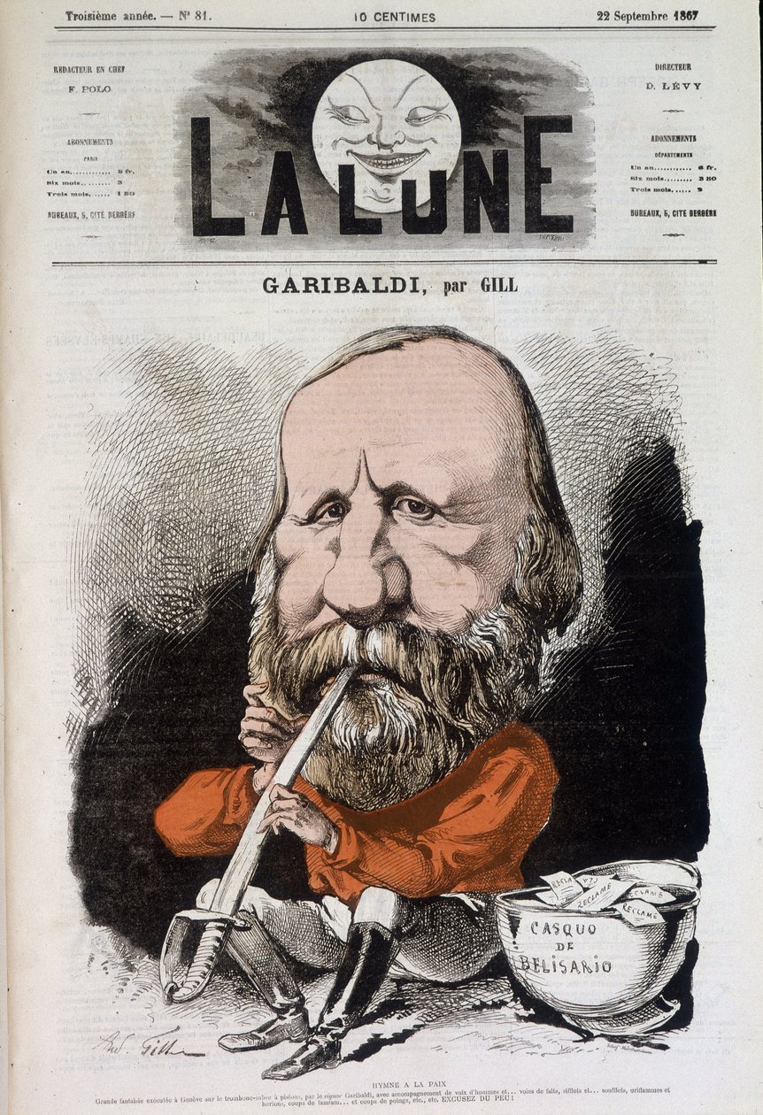 Giuseppe Garibaldi (1807-1882), hymni rauhalle - kirjoittanut Gill, elokuvassa "The Moon" 22.9.1867 tekijältä Andre Gill