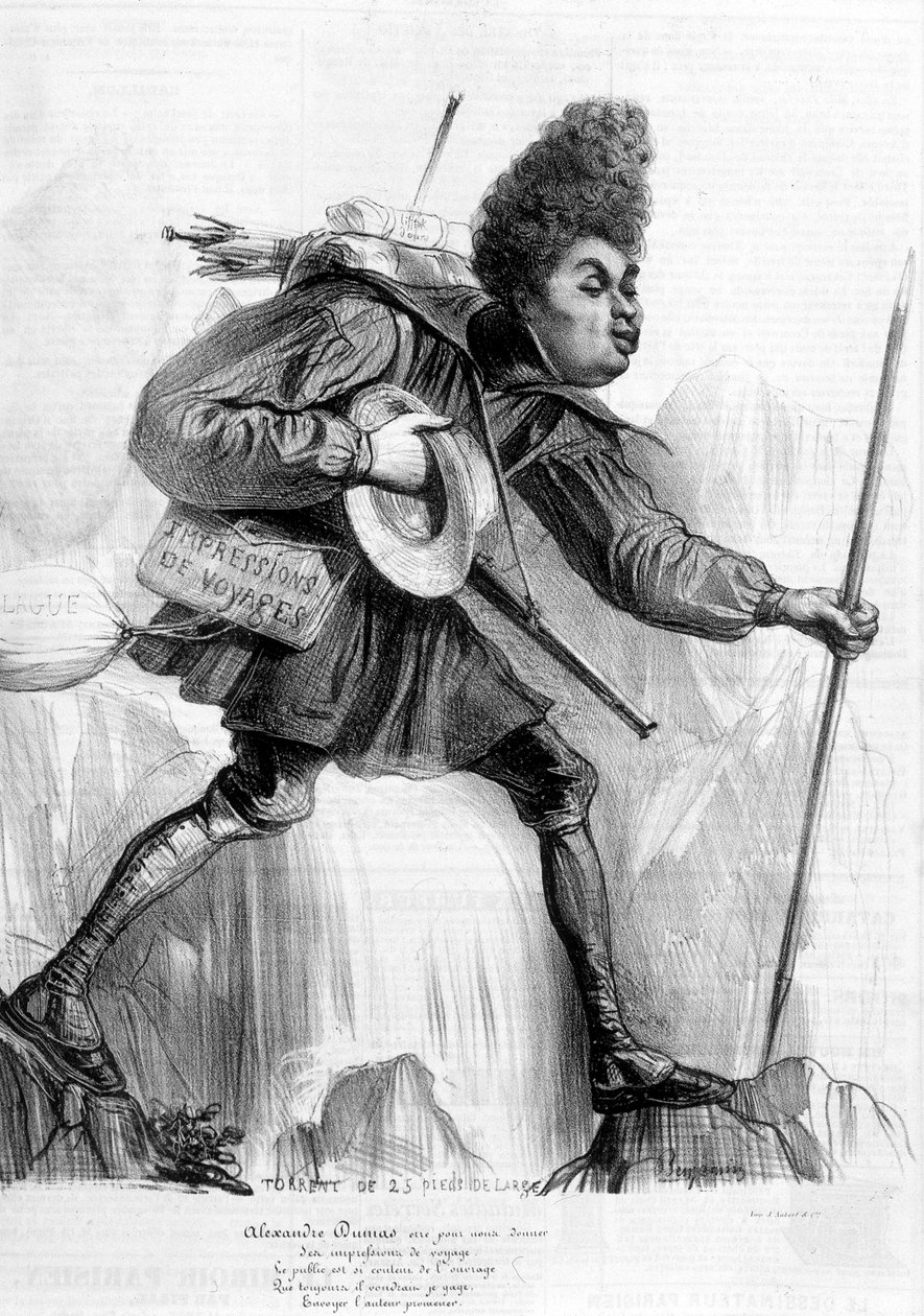 Humoristinen piirustus Alexandre Dumas Perestä - elokuvassa "" Charivari", noin 1840. tekijältä Andre Gill