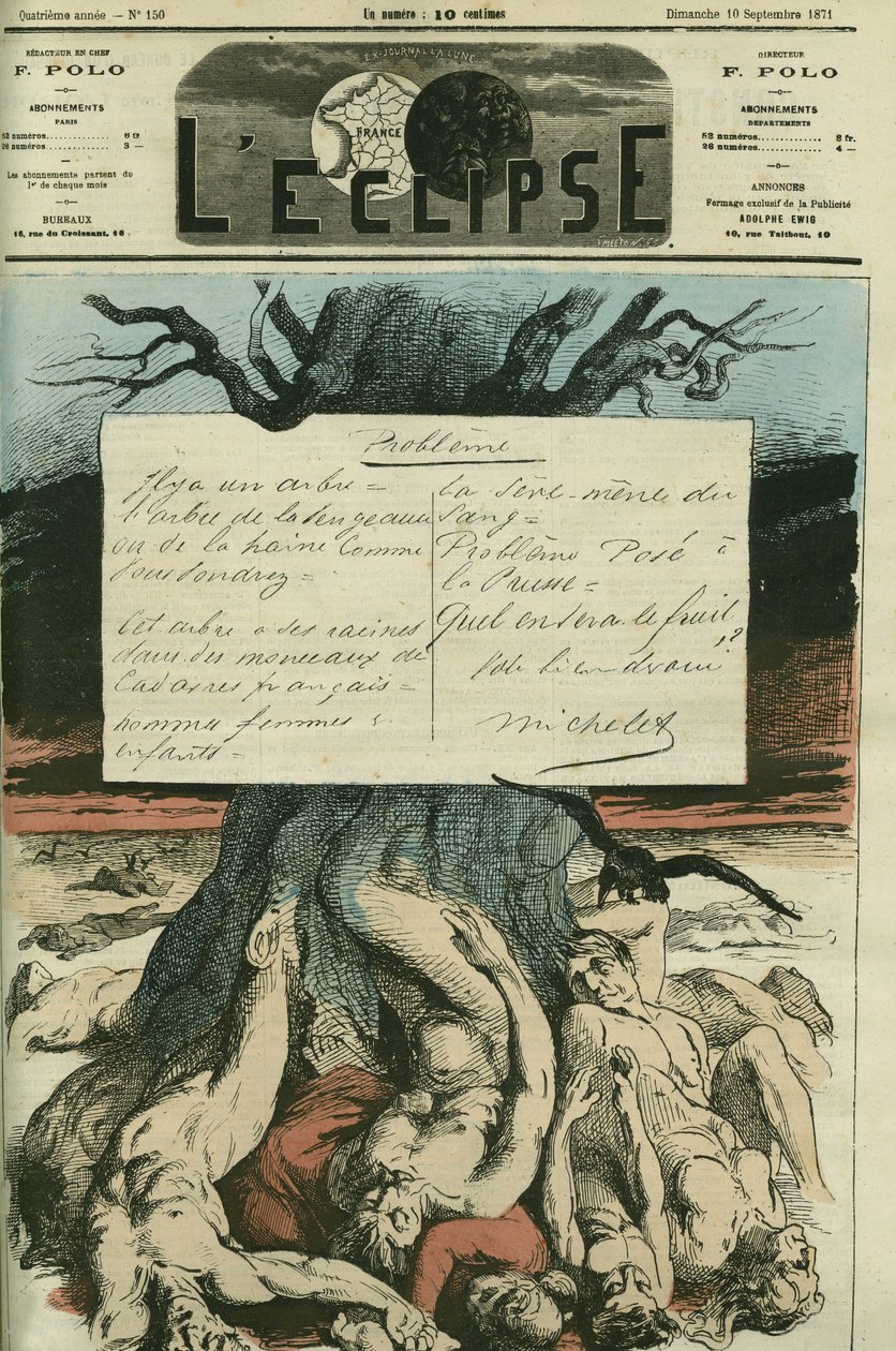 Jules Michelet (1798-1874), ranskalainen historioitsija, vastusti väkivaltaisesti vuoden 1870 sotaa ja maan lunastusta. Kansi "" L