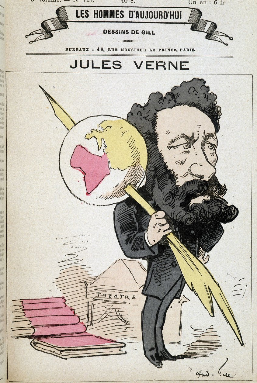 Jules Verne puristaa maata kynään - kirjoittanut Gill teoksessa "Tämän päivän miehet" tekijältä Andre Gill