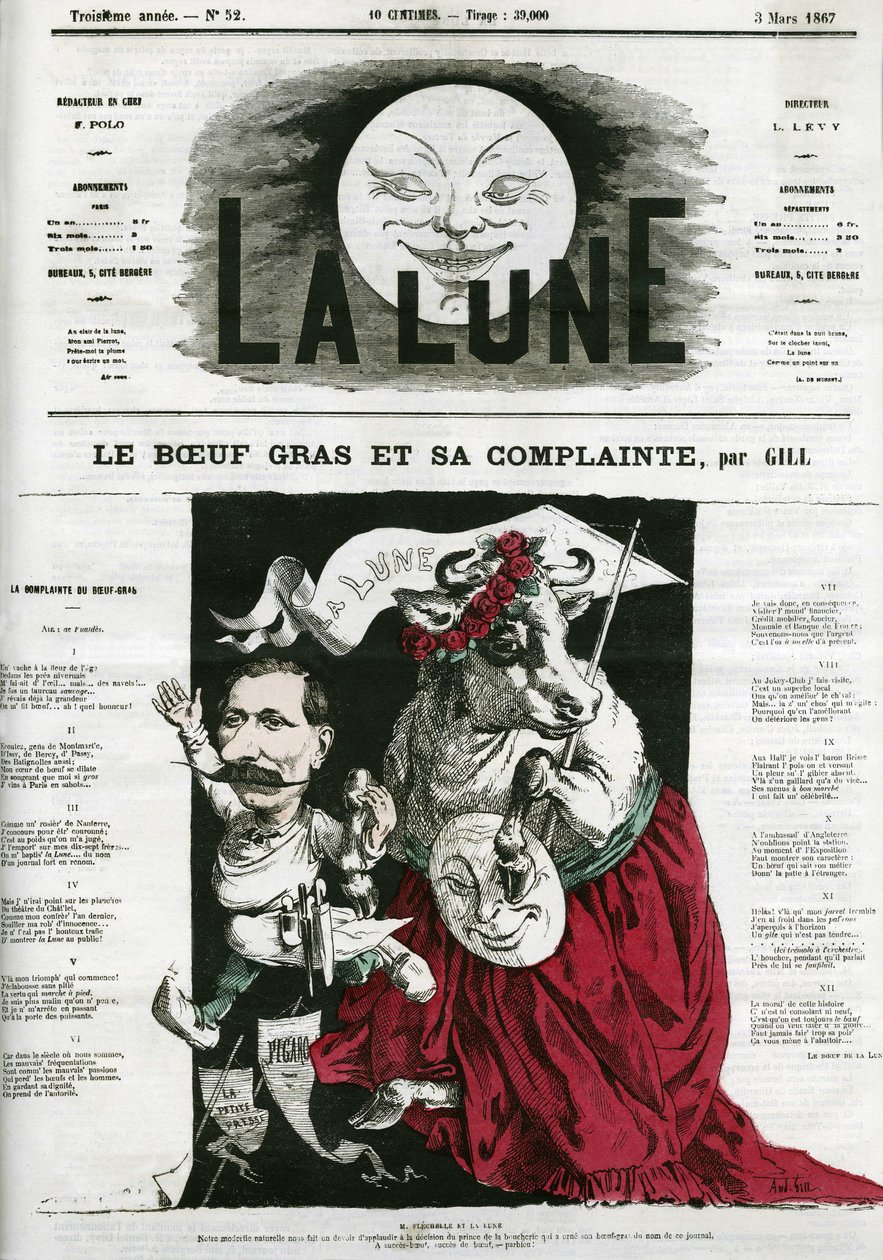 Le Boeuf gras et sa lament, esimerkki laulusta. Gillin sarjakuva elokuvassa "La Lune", 3. maaliskuuta tekijältä Andre Gill