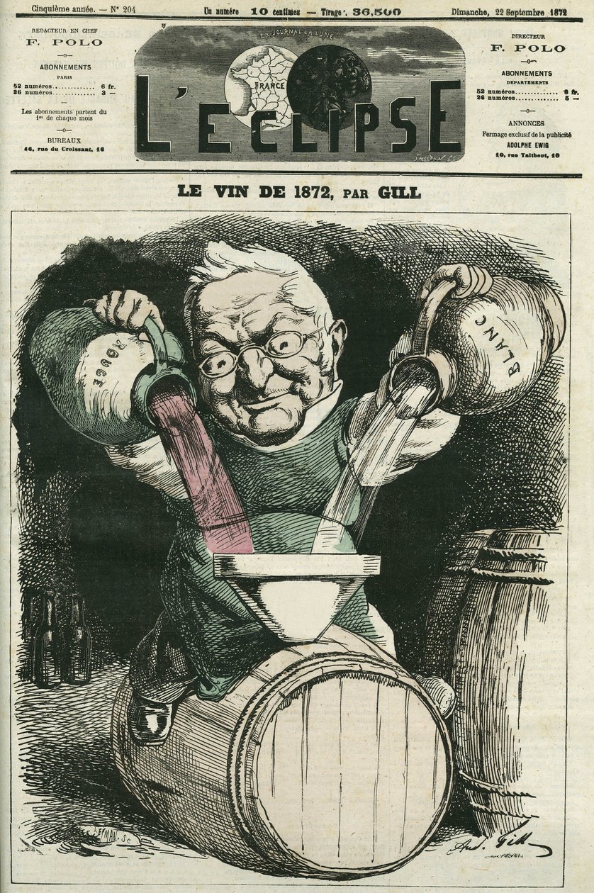 Le vin de 1872, kuvitus: Adolphe Thiers sekoittaa valko- ja punaviiniä (1797-1877), ranskalainen historioitsija ja valtiomies. Kansi "" L