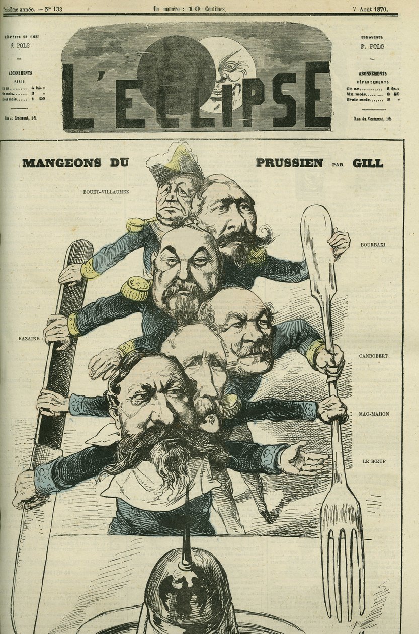 Syödään preussia kenraalien Le Boeuf (1806-1893), Mac-Mahon (1808-1893), Francois Achille Bazainen (Francois-Achille) kanssa tekijältä Andre Gill