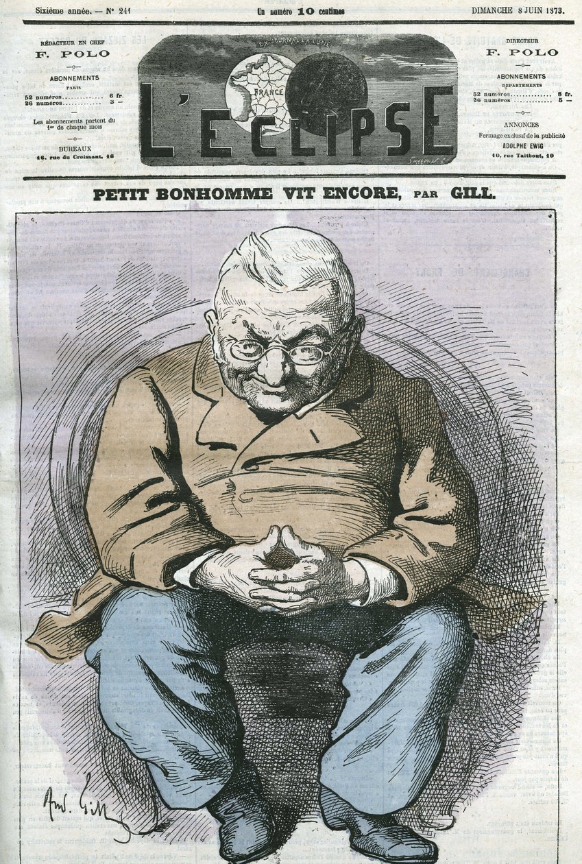 Pieni mies elää edelleen, sarjakuva Adolphe Thiers (1797-1877), ranskalainen valtiomies. Kansi "" L