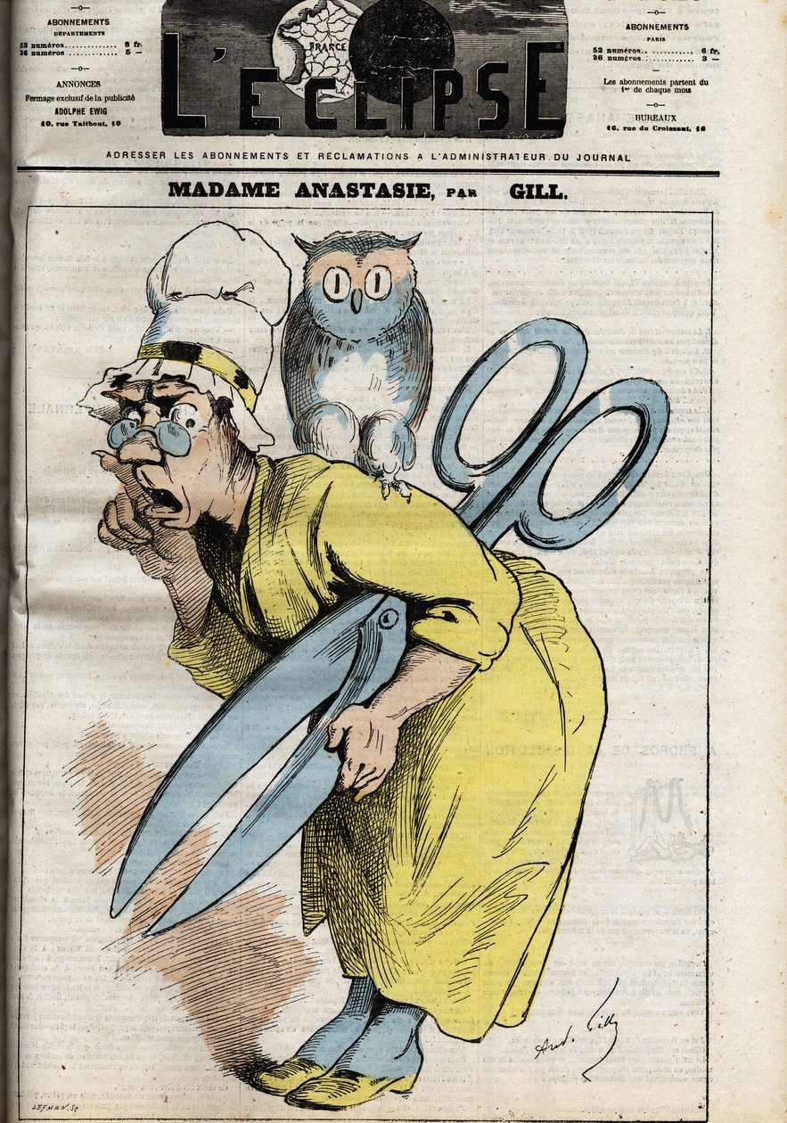 Madame Anastasia sensuurin saksilla Anastasia symboloi lehdistön ja julkaisutoiminnan sensuuria ja on todennäköisesti saanut nimensä paavi Anastasius I:stä, joka kieltää tietyt kirjat, jotka eivät vastaa kristillistä kosmologiaa. Kuvitus Andre tekijältä Andre Gill