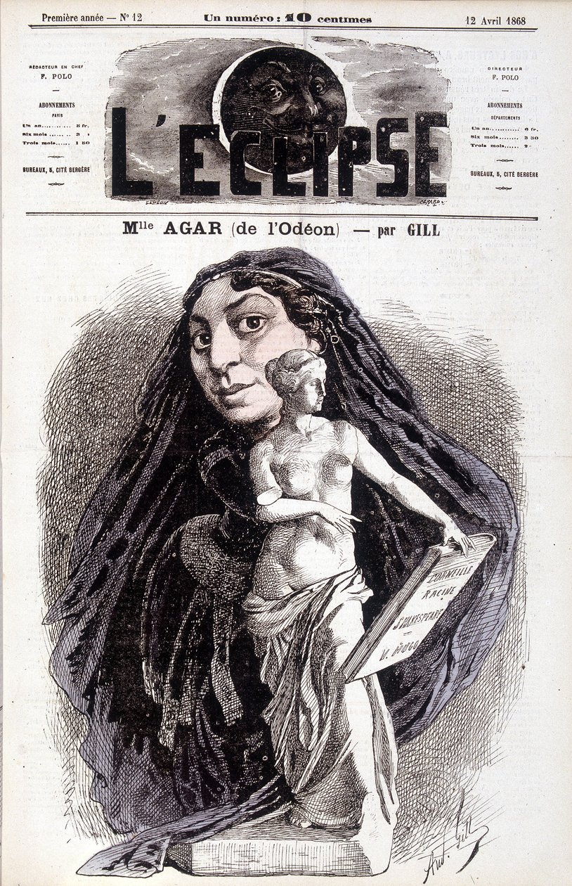 Mademoiselle Agar (Odéonista) Näyttelijä Ranskan Akatemiassa. Piirustus Gill in the Eclipse tekijältä Andre Gill
