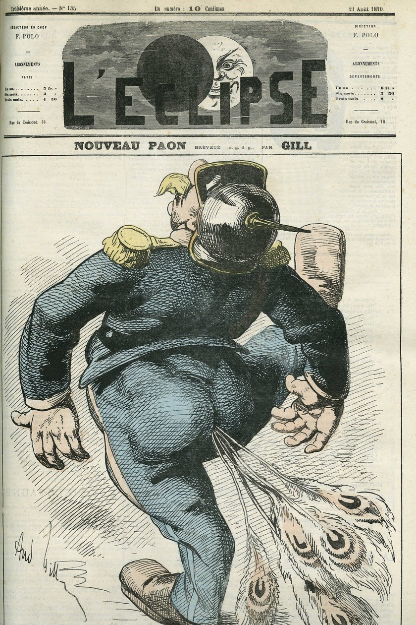 Uusi riikinkukko, Ranskan ja Preussin sodan voittajan William I:n (1797-1888) sarjakuva. Kansi "" L
