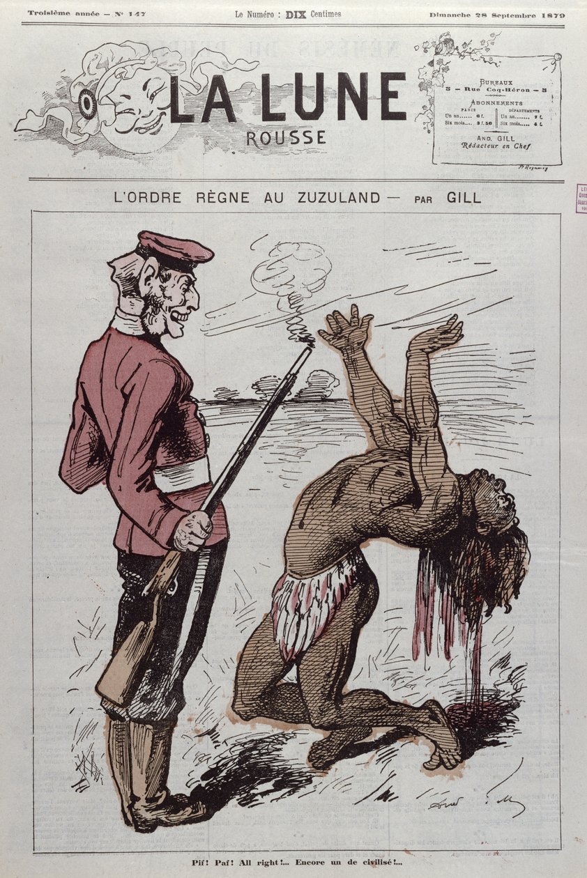 "Order Reigns in Zuzuland", karikatyyri Englannin Etelä-Afrikan kolonisaatiosta "La Lune Rousse", 1879 tekijältä Andre Gill