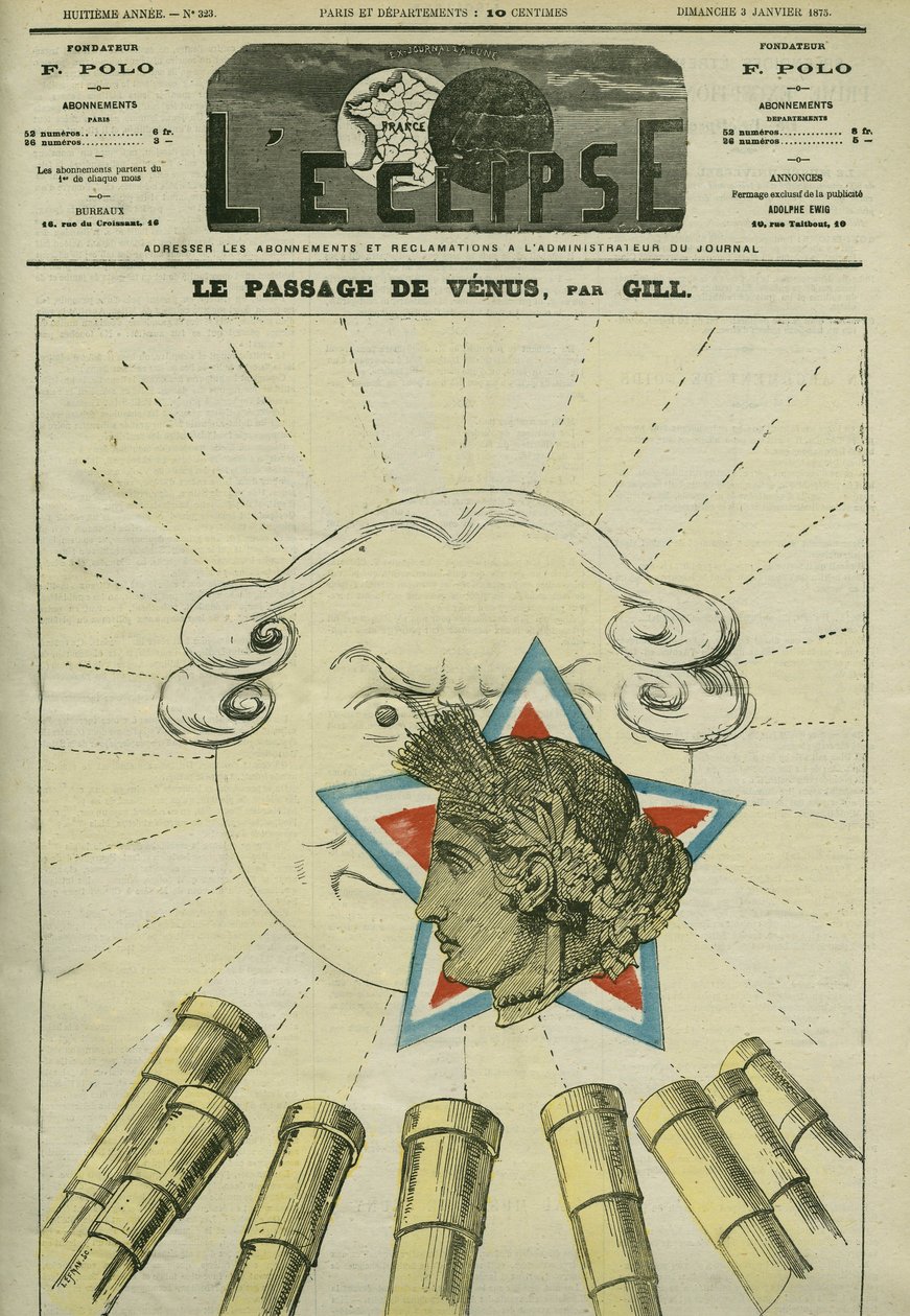 Venuksen (tasavallan) kulku ennen aurinkoa (monarkia) vuonna 1874. Kansi Gillin teoksessa L