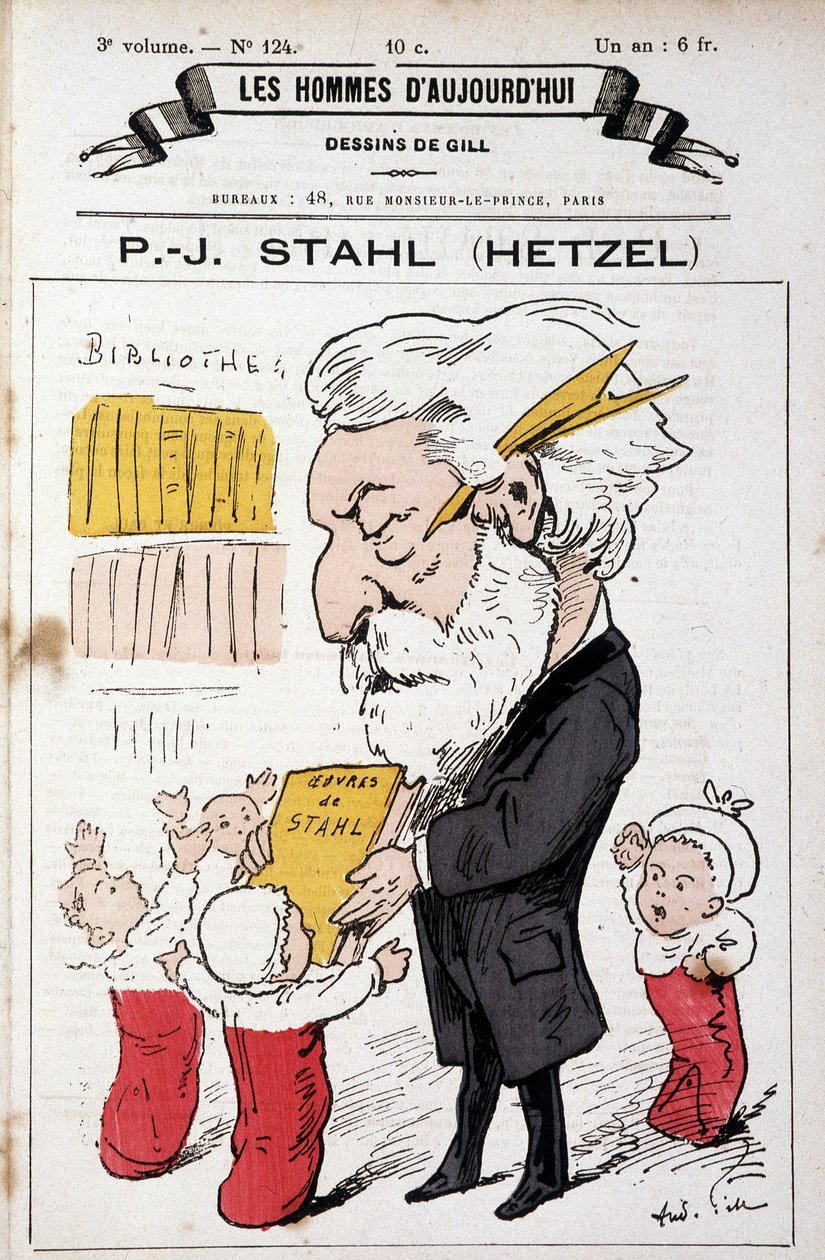 Pierre Jules Hetzelin muotokuva, joka tarjoaa Stahlin teoksia (salanimensä) taaperoille, "" Nykyajan miehet", n.d. myöhään 19. tekijältä Andre Gill
