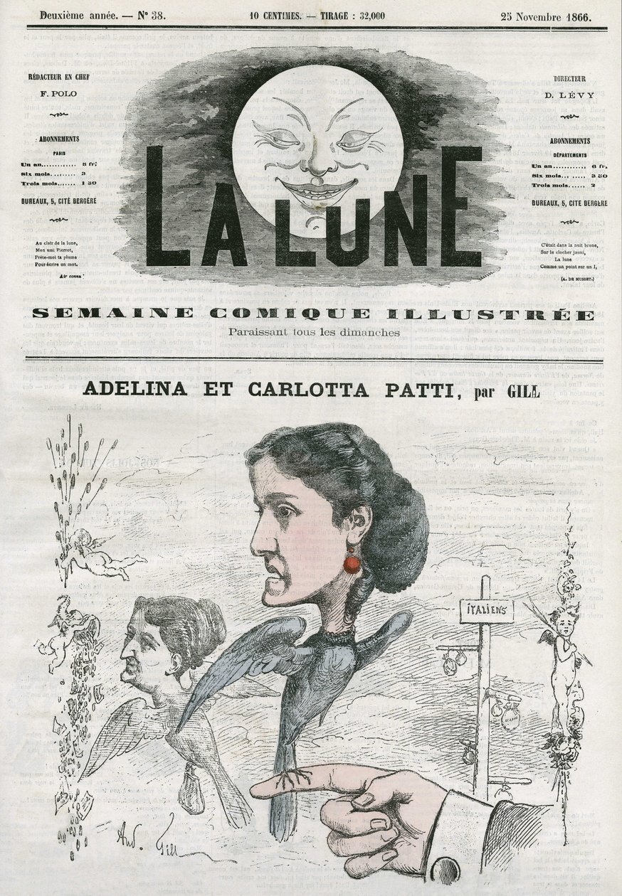 Muotokuva italialaisista oopperalaulajista Adelinasta (1843-1919) ja Carlotta Patista (1835-1889). Gillin sarjakuva elokuvassa "The Moon", 25. marraskuuta tekijältä Andre Gill