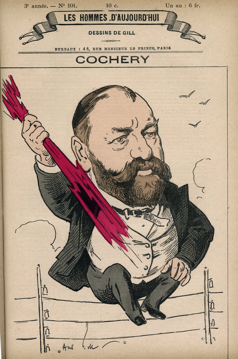 Muotokuva Adolphe Cocherysta (1819-1900), ranskalainen lakimies ja poliitikko, hän oli Ecole Superieure de Telegraphien (nykyisen Ecole Nationale Superieure des Telecommunicationsin) perustaja. Sarjakuva Gill, Paris. tekijältä Andre Gill