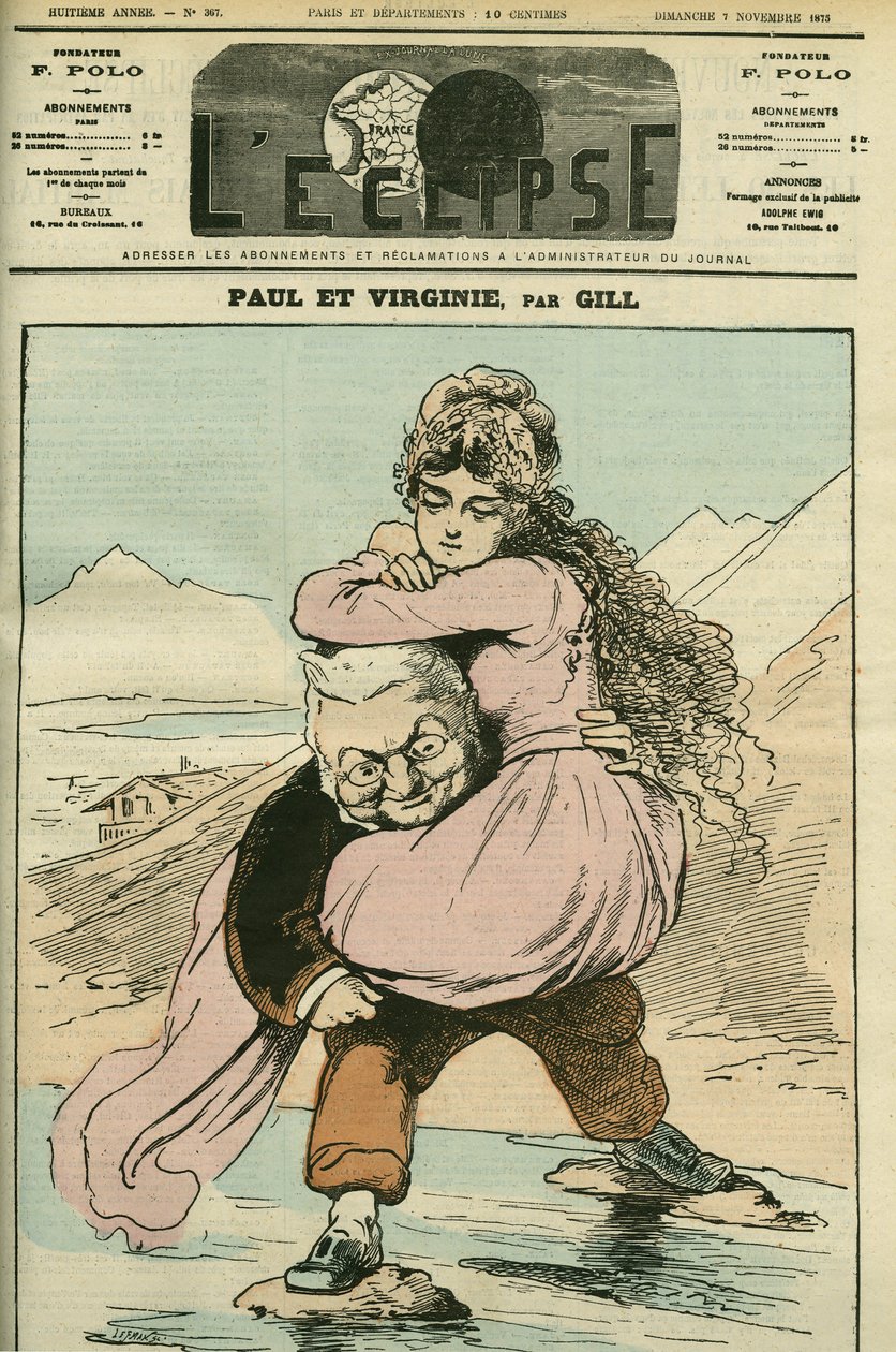 Muotokuva Adolphe Thiersista (1797-1877), ranskalainen historioitsija ja poliitikko, joka on edustettuna "Paul et Virginie":ssä (tasavalta). Kansi "" L