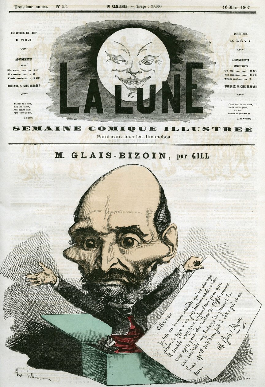 Muotokuva Alexandre Glais-Bizoinista (1800-1877), ranskalainen poliitikko ja La Tribune -sanomalehden perustaja. Gillin sarjakuva elokuvassa "La Lune", 10. maaliskuuta tekijältä Andre Gill