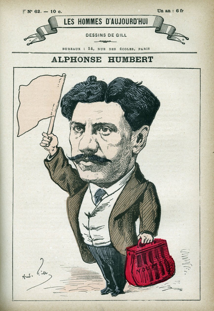 Muotokuva Alphonse Humbertista, ranskalaisesta ja kommunaarista poliitikkoa, hänet lähetettiin Toulon Bagneen vuonna 1872 ja Noumea Bagneen ennen kuin hänelle myönnettiin armahdus vuonna 1879. Piirroskuva Gill, Paris. tekijältä Andre Gill