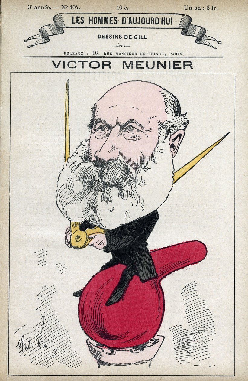 Muotokuva Amedee-Victor Meunierista (1817-1894), tieteellinen toimittaja, hän Iuvra tieteen popularisoinnissa. Sarjakuva Gill, Paris. tekijältä Andre Gill
