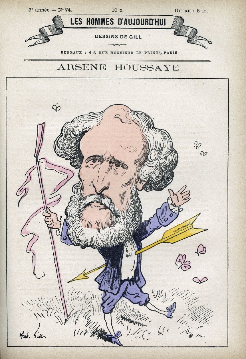 Muotokuva Arsene Houssayesta (1815-1896), ranskalaisesta kirjainmiehestä. Karikatyyri Gill, Paris. tekijältä Andre Gill