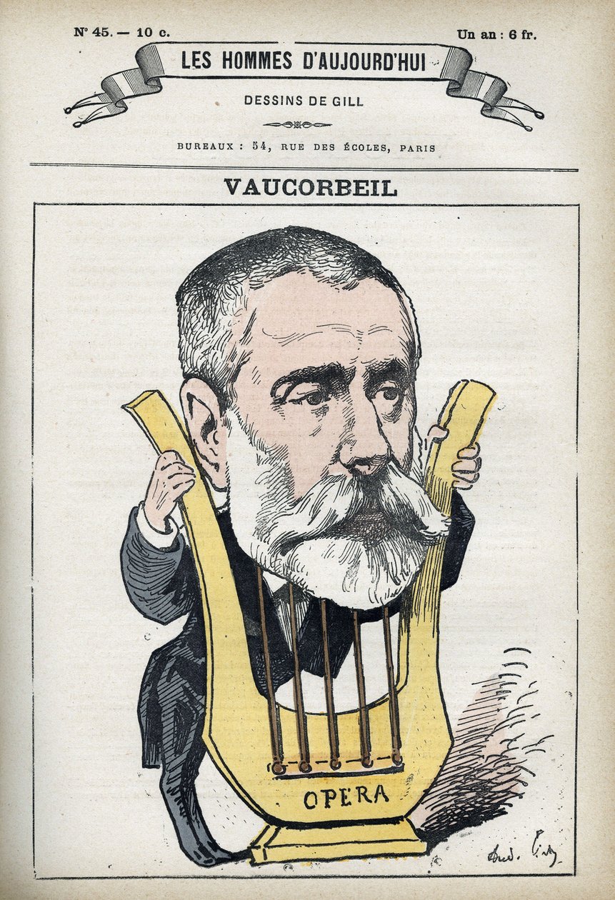 Auguste Emmanuel Vaucorbeilin (1821-1884), ranskalaisen säveltäjän ja Pariisin oopperan johtajan muotokuva. Sarjakuva Gill, Paris. tekijältä Andre Gill