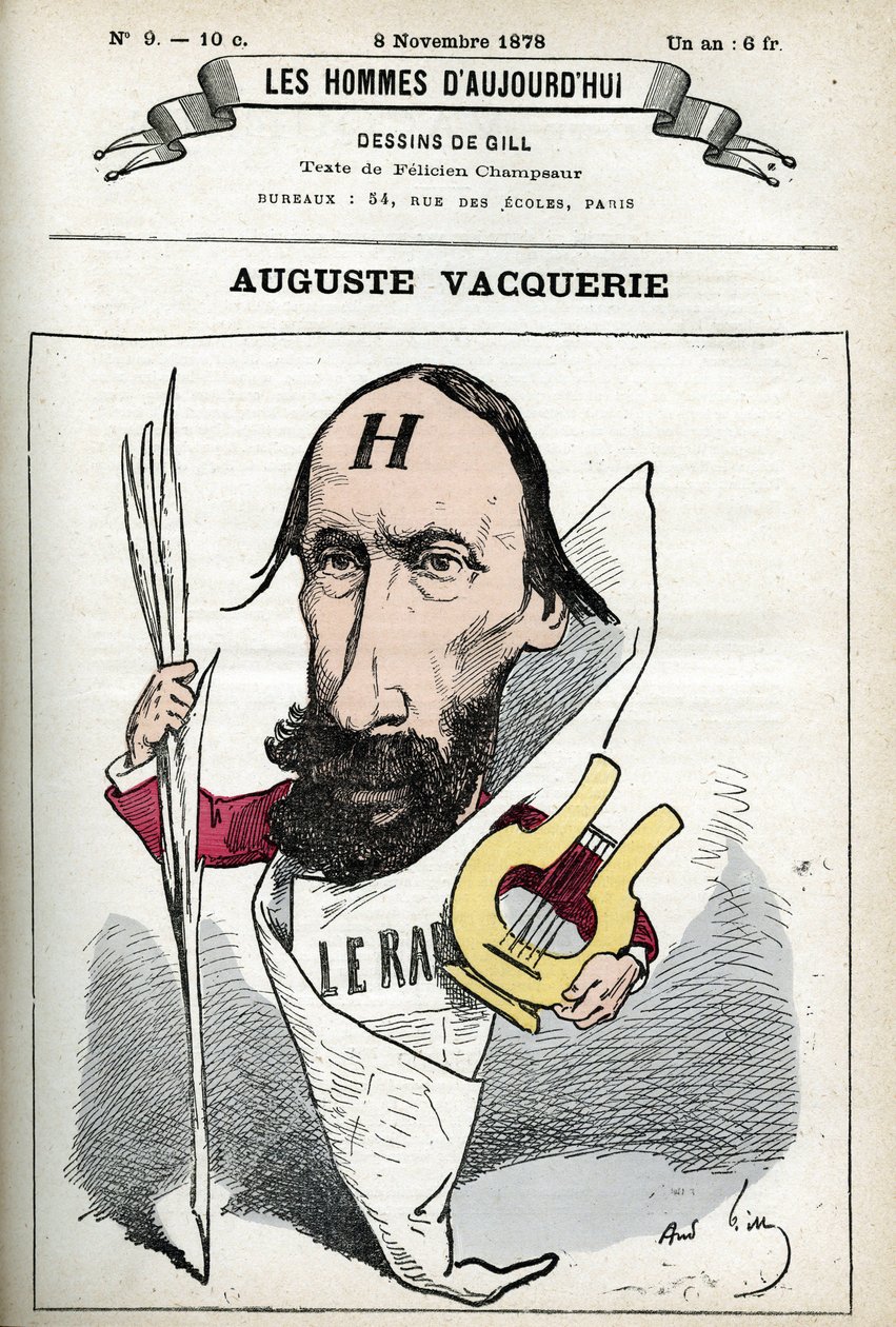Auguste Vacquerie (1819-1895), ranskalaisen runoilijan, näytelmäkirjailijan ja toimittajan muotokuva. Sarjakuva Gill, Paris. tekijältä Andre Gill