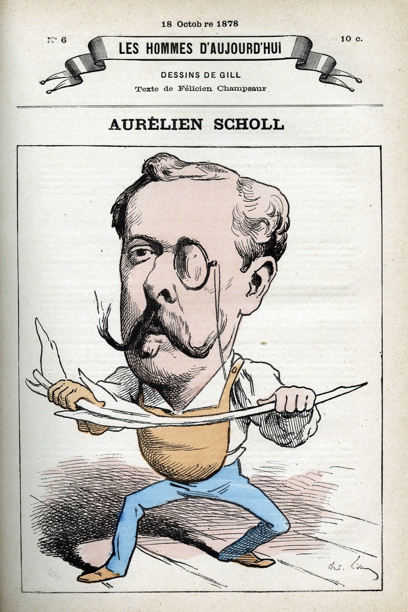 Muotokuva Aurelien Schollista (1833-1902), ranskalaisesta toimittajasta, kirjailijasta ja koomikosta. Sarjakuva Gill, Paris. tekijältä Andre Gill