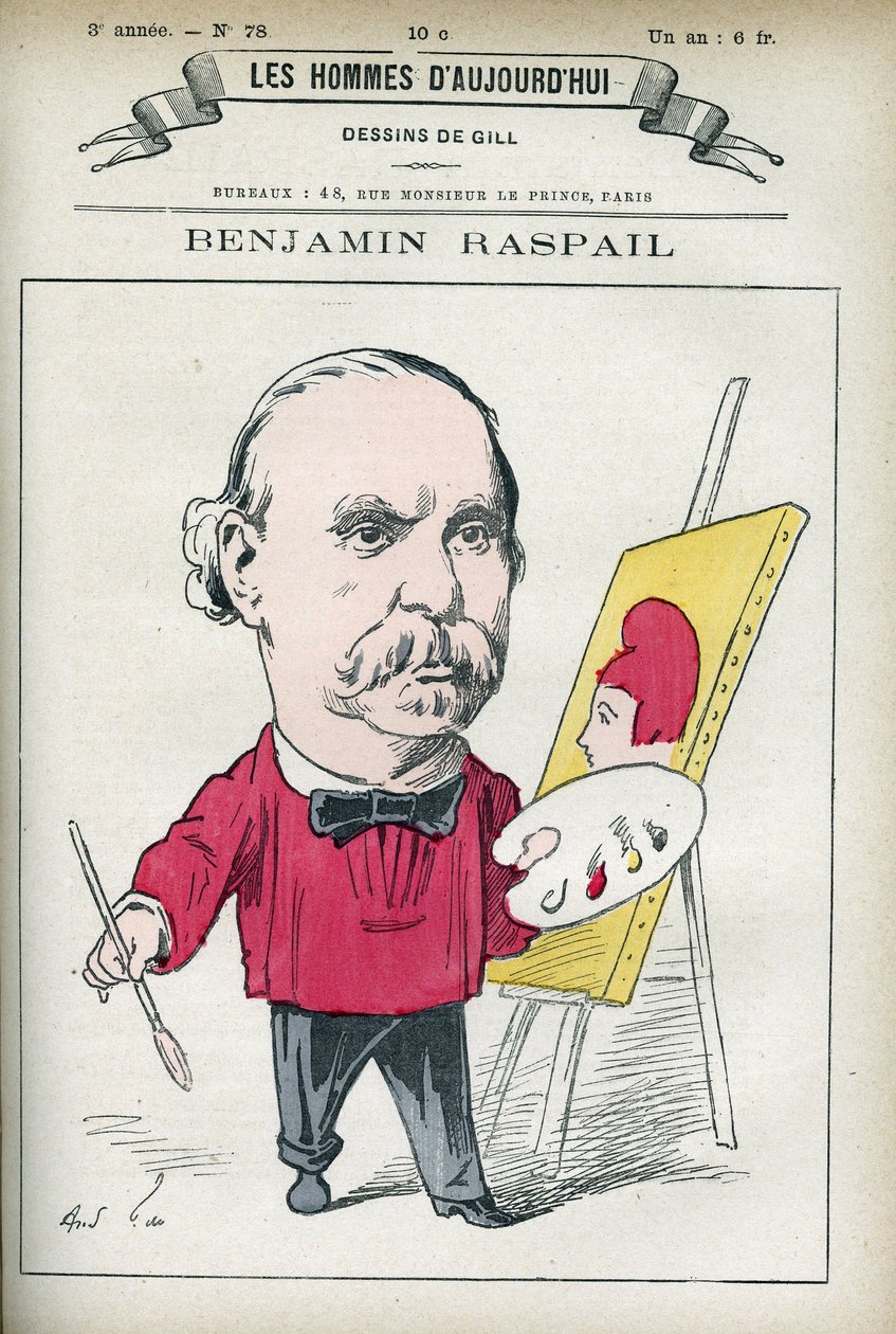 Benjamin Raspailin (1823-1899), ranskalaisen taidemaalarin ja poliitikon muotokuva, hän oli 14. heinäkuuta kansallisen juhlapäivän lain alullepanija. Sarjakuva Gill, Paris. tekijältä Andre Gill