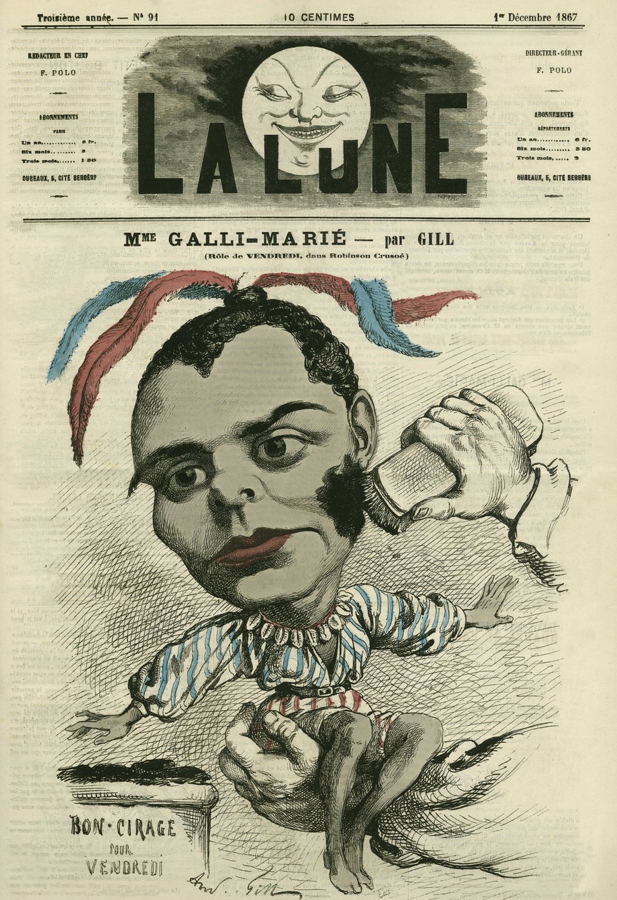 Muotokuva Celestine Galli-Marie (Galli Marie) (1840-1905), ranskalainen Opera-Comiquen laulaja. Gillin sarjakuva elokuvassa "La Lune", 1. joulukuuta tekijältä Andre Gill