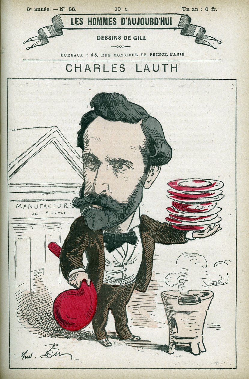 Muotokuva ranskalaisesta kemististä Charles Lauthista (1836-1913), hän oli Ecole Superieur de Physique et de Chemistry Industriellesin (ESPCI) johtaja Pariisissa. Sarjakuva Gill, Paris. tekijältä Andre Gill