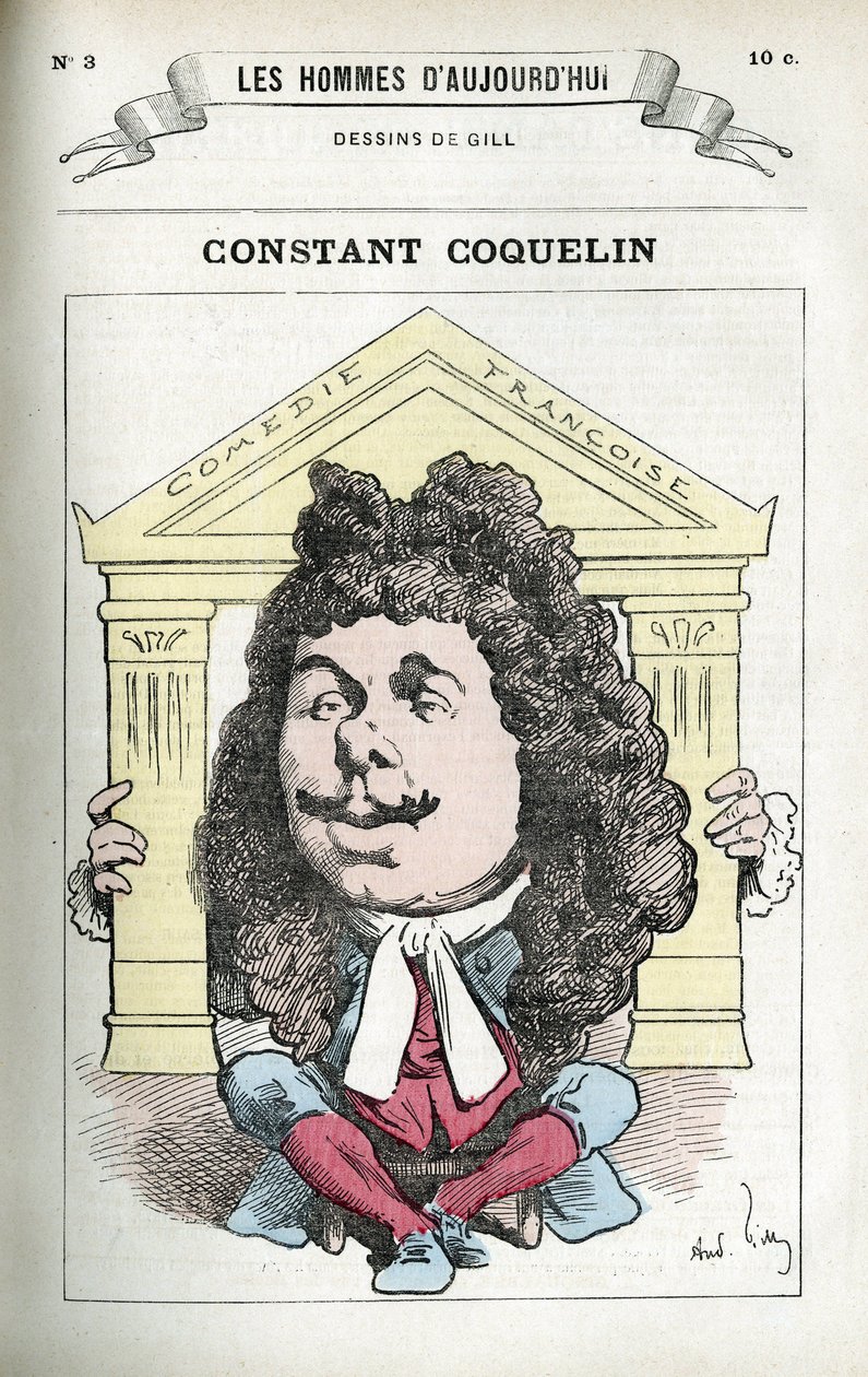 Constant Coquelinin (1841-1909), ranskalaisen teatterinäyttelijän muotokuva. Karikatyyri Gill, Paris. tekijältä Andre Gill
