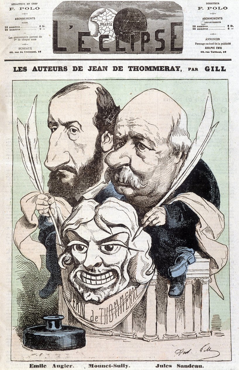 Jean de Pommeray -näytelmän kirjoittajien Emile AUGIERin (1820-1889) ja Jules SANDEAU:n (1811-1883) muotokuva kädessään koomikko Mounet-Sullyn (Jean Sully Mounet, Mounet Sully) kasvoja kuvaava naamio. tekijältä Andre Gill