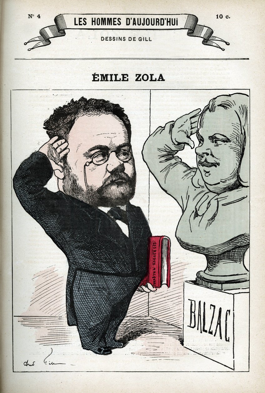 Muotokuva Emile Zolasta (1840-1902), ranskalaisesta kirjemiehestä. Karikatyyri Gill, Paris. tekijältä Andre Gill