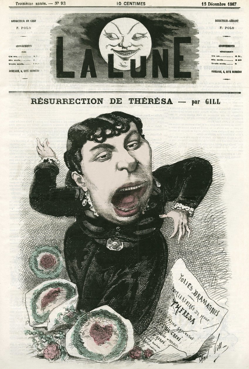 Muotokuva ranskalaisesta operettilaulajasta Emma Valladon dit Theresasta (1837-1913). Gillin sarjakuva elokuvassa "La Lune", 15. joulukuuta tekijältä Andre Gill