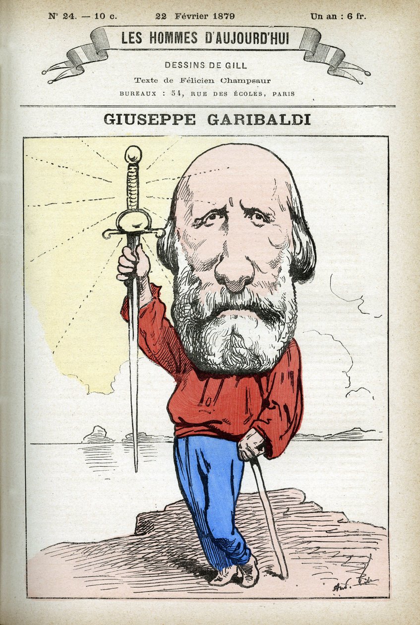 Italian poliitikon Giuseppe Garibaldin (1807-1882) muotokuva. Gillin sarjakuva "Les Homme Today", Pariisissa tekijältä Andre Gill