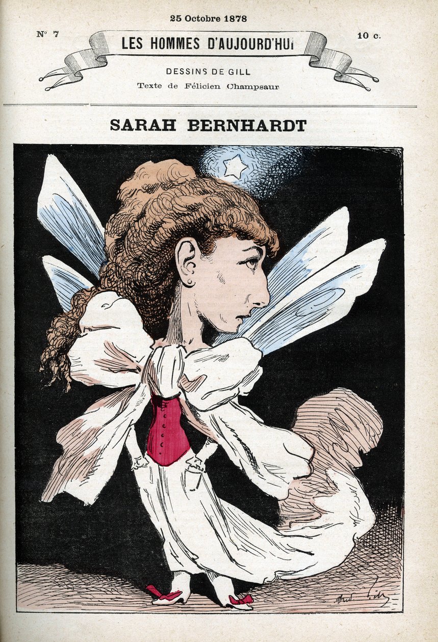 Muotokuva Henriette Rosine Bernardista Sarah Bernhardtista (1844-1923), ranskalaisesta teatterinäyttelijästä. Sarjakuva Gill, Paris. tekijältä Andre Gill