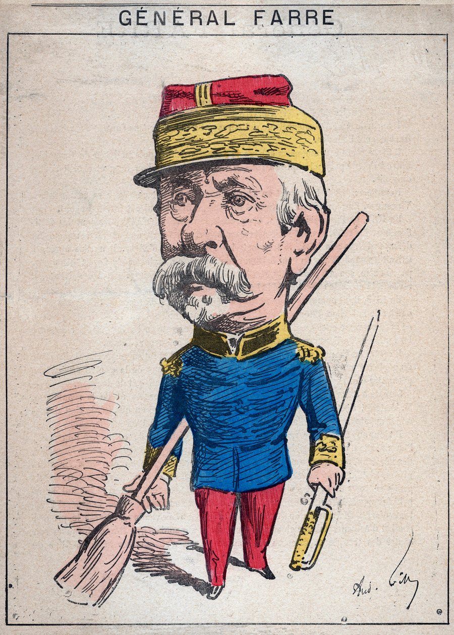 Muotokuva Jean Joseph Frederic Albert Farresta (1816-1887), ranskalainen sotilas, hänet nimitettiin kenraaliksi vuonna 1870 ja sotaministeriksi - Andre Gillin sarjakuva "Les Hommes d