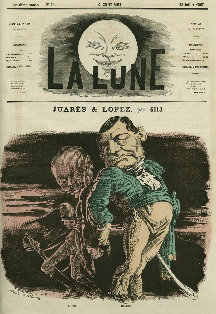 Juarezin ja Lopezin muotokuva. Gillin karikatyyri, "La Lune", 28. heinäkuuta tekijältä Andre Gill